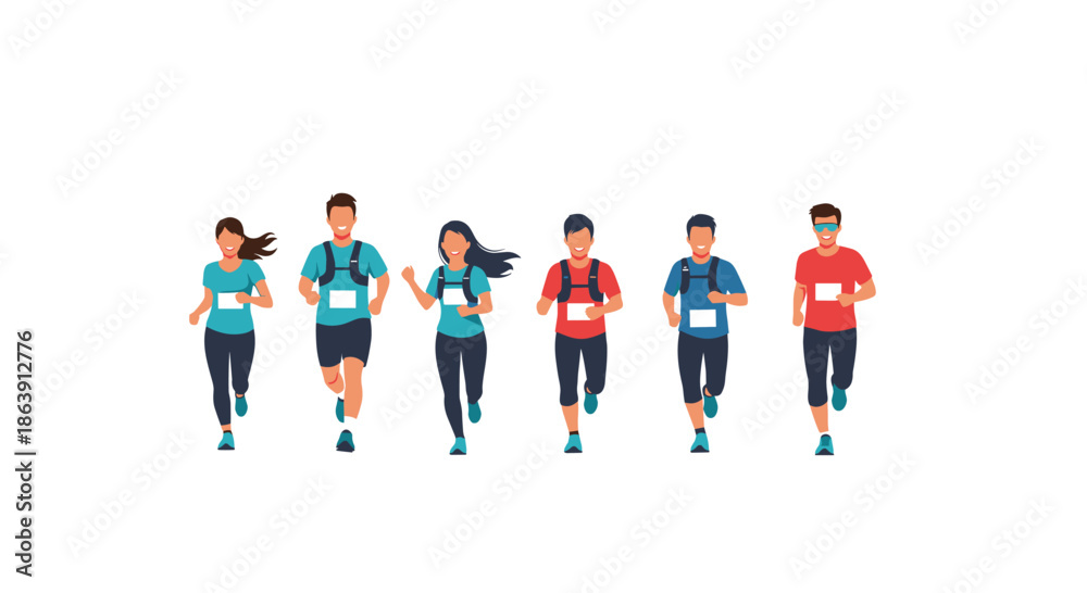Obraz premium A group of diverse male and female runners participating in a marathon or running event, all wearing sportswear and race numbers.