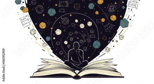A silhouette of a person meditating on an open book, surrounded by cosmic elements and scientific symbols.