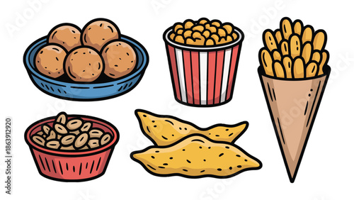 Snack Variety: A visual feast featuring a colorful assortment of popular snacks, perfect for menus, food blogs, or culinary creations.