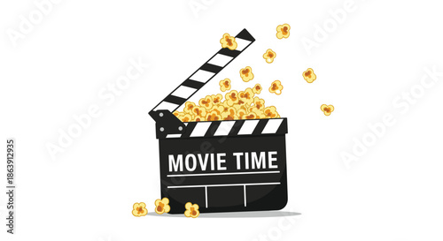 Movie time concept illustration with a cinema clapperboard filled with and surrounded by freshly made, delicious yellow popcorn.
