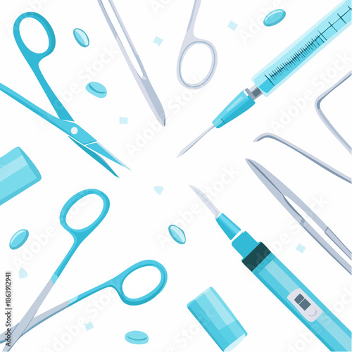 Medical Surgical Instruments and Syringe on White Background