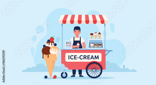Friendly vendor standing at his mobile ice cream cart with a striped awning under a light blue sky with clouds.