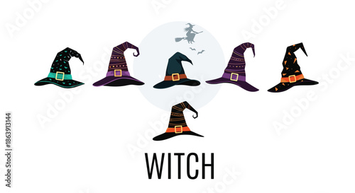 Set of six colorful and decorated witch hats for Halloween, with a silhouette of a witch flying on a broomstick.