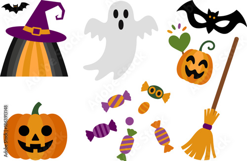 Assorted classic Halloween icons including a grinning jack-o-lantern, a spooky ghost, a witch's hat, a bat mask, and scattered wrapped candies create a seasonal collection.