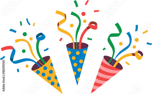 Three colorful party poppers explode with vibrant confetti and curling streamers against a plain background, symbolizing celebration and joy for any festive occasion.