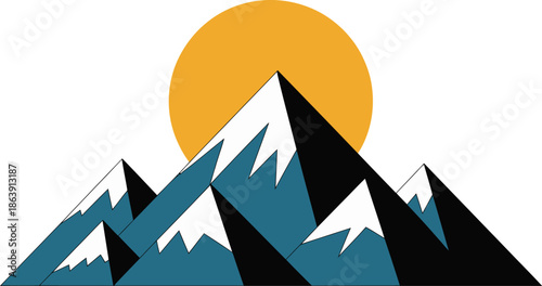 Stylized mountain range illustration features snow-capped peaks rising against a large, setting or rising yellow sun.