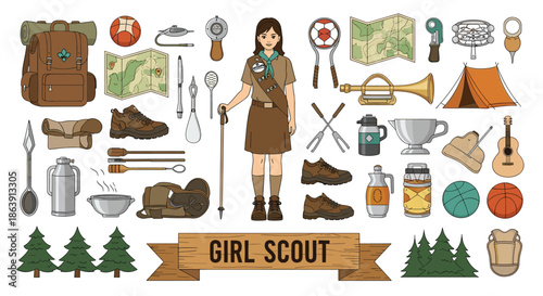 Large collection of girl scout and camping equipment, including a character, backpack, tent, map, and other supplies.