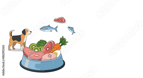 Beagle dog looking at a large bowl filled with natural raw food ingredients like meat, fish, eggs, and vegetables.