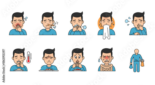 Set of cartoon illustrations showing a man experiencing various cold, flu, or sickness symptoms like fever and coughing.