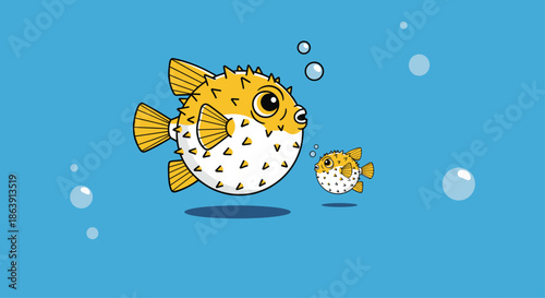 Cute cartoon illustration of a large and small pufferfish swimming in the blue ocean with air bubbles around them.
