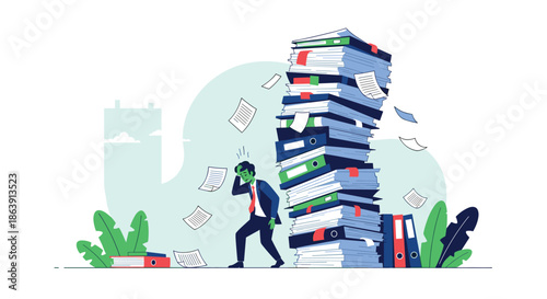 Stressed businessman character standing next to a giant, overwhelming stack of paper documents and binders.