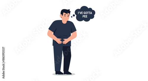 Cartoon man holding his abdomen with a thought bubble that says 'I've gotta pee', illustrating the need to urinate.