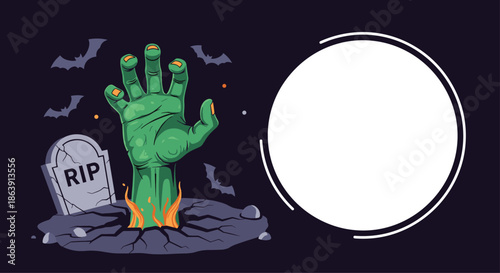 Spooky Halloween background with a green zombie hand rising from a grave, with bats, a tombstone, and a blank circle.