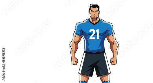 Strong, muscular soccer or football player in a blue jersey with the number 21, standing in a confident pose.