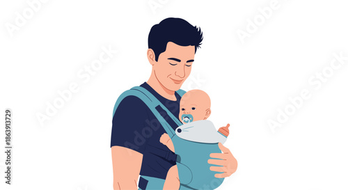 Tender moment of a smiling young father holding his sleeping baby, who has a pacifier, in a blue baby carrier.