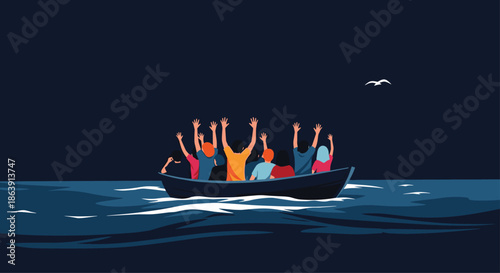 Group of desperate refugees crowded in a small boat on a dark sea at night, waving their hands for rescue.