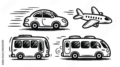 Transportation Mode Variety: A hand-drawn illustration showcases diverse modes of transport including a car, airplane, and buses, representing various travel options