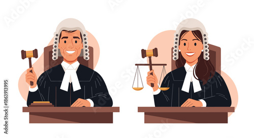 Smiling male and female judges in traditional robes and wigs, sitting at their benches with gavels and scales of justice.