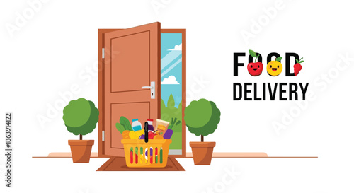Safe and contactless online grocery shopping concept with a shopping basket full of fresh food items left at the front door.