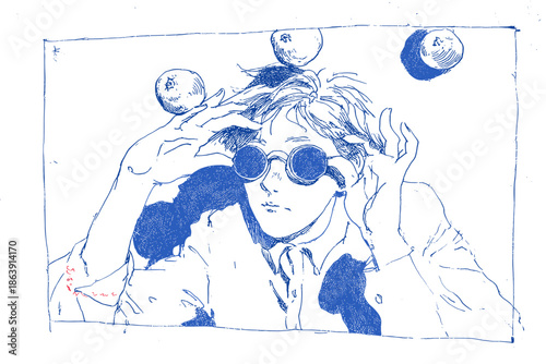 Young man in sunglasses with floating oranges in a surreal artistic style