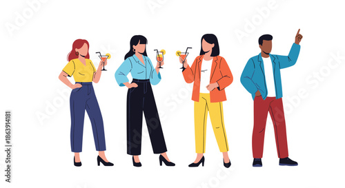 Diverse group of young colleagues in smart casual attire enjoying cocktails and conversation at a corporate party or social event.