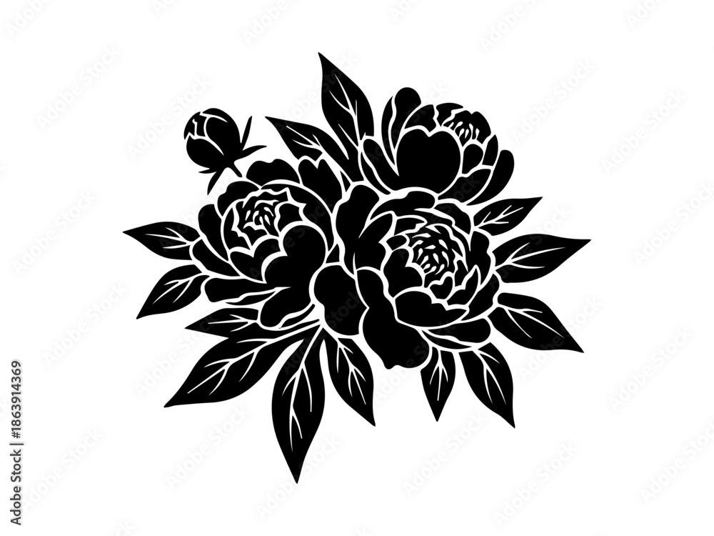 Obraz premium Black and white vector illustration of peonies and leaves 