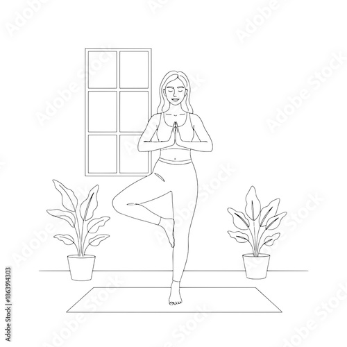 Young Woman Practicing Yoga Tree Pose Balance on Mat, Minimalist Line Art Illustration for Adult Coloring Page