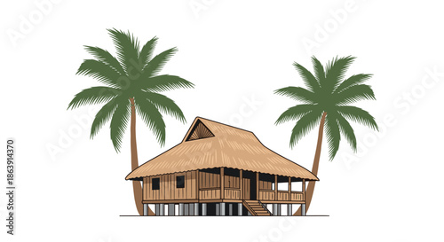 Traditional wooden stilt house, known as a bahay kubo or nipa hut, situated between two tall coconut palm trees on a beach.