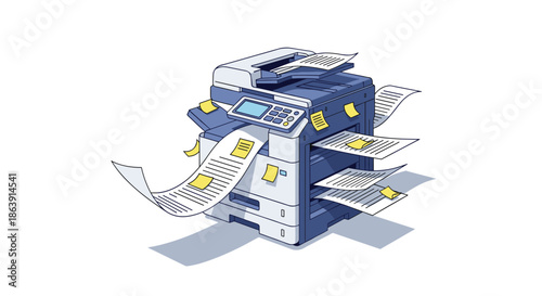 Overloaded office printer and scanner machine with paper jams and sticky notes, representing a busy and stressful work environment.