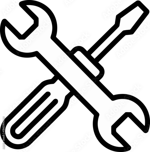 A black outline icon depicts a crossed wrench and screwdriver representing tools for repair and maintenance.