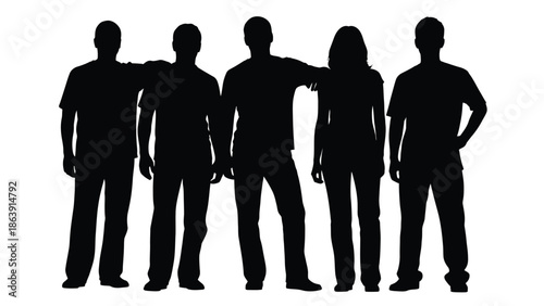 Silhouette of five young adults standing together showing friendship and diverse group unity perfectly isolated