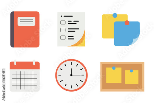 Office Productivity and Planning Flat Icon Set with Notes, Calendar and Clock