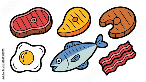 Culinary Delights: A vibrant array of cooked delicacies, from tender steaks and succulent fish to crispy bacon, inviting the palate. 