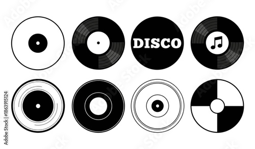 Long play vinyl disc vector illustration set for DJ club and discotheque nostalgia isolated on white background