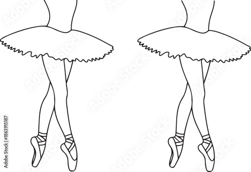 A line art illustration of two female ballet dancers standing in the first position, characterized by the heels touching and feet turned outwards, a fundamental pose in classical ballet.