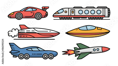 Vehicular Variety: A collection of meticulously crafted illustrations showcases a spectrum of transport, from sleek cars to soaring aircraft, and rail transport.