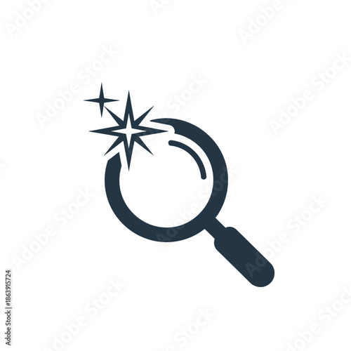 a sleek dark blue magnifying glass icon is displayed with sparkling stars emanating from its focal point symbolizing discovery