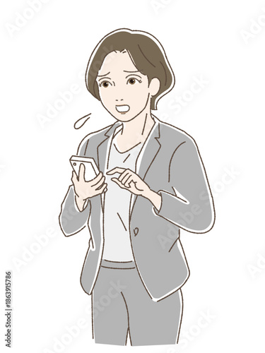 スマートフォンを見て困惑するスーツのビジネスウーマン、仕事のトラブルや投資の悩み