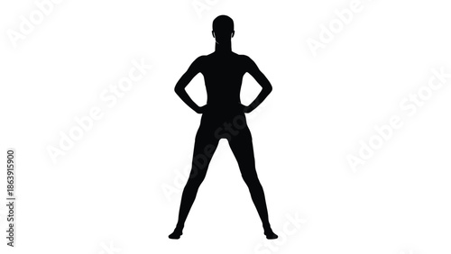 Silhouette of athletic woman standing with hands on hips in wide stance for exercise