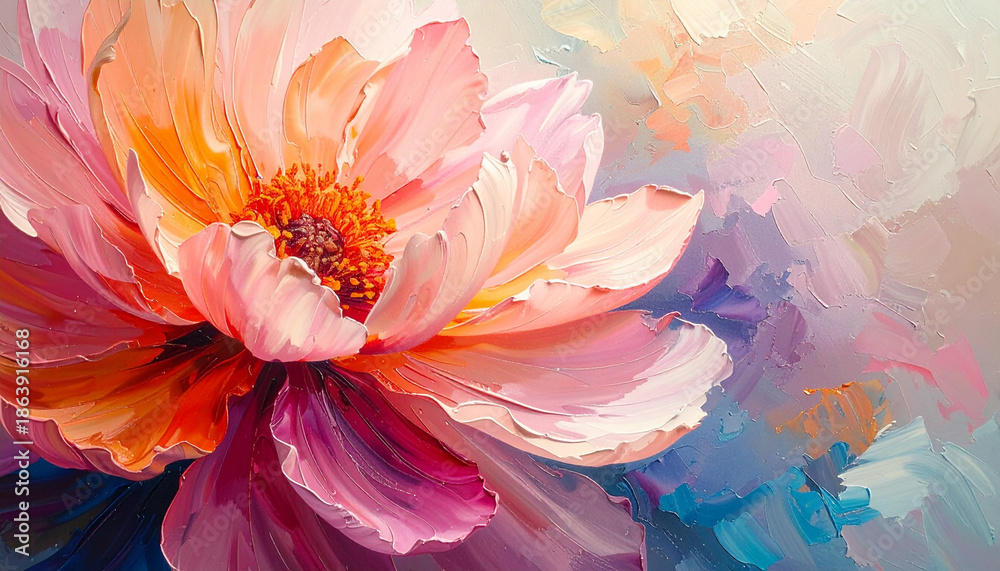 Fototapeta premium Heavy textured floral oil painting with close-up of pure brushstroke petals