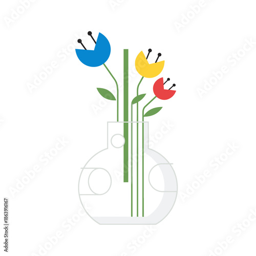 Minimalist modern graphic illustration of colorful tulips in a clear glass vase on white background