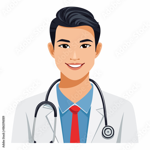 Asian doctor wearing a stethoscope, smiling confidently
