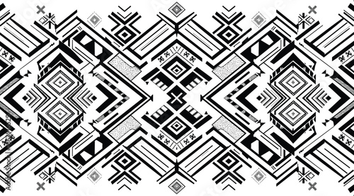Abstract geometric seamless pattern with bold black and white lines forming symmetrical tribal shapes for modern decorative background design illustration texture