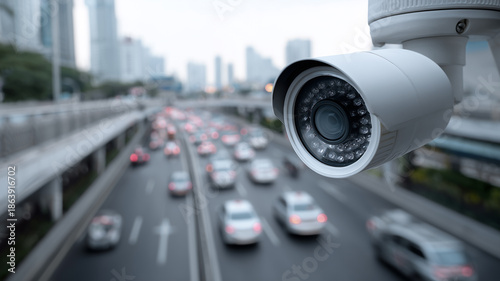 Overlooking traffic a security camera monitors a bustling road in a metropolitan area