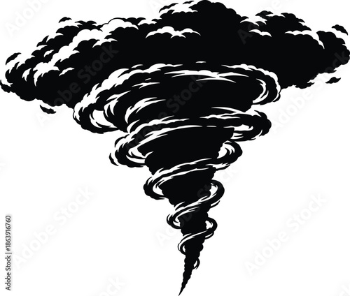 Black tornado cyclone illustration with swirling storm clouds creating dramatic weather disaster concept silhouette for nature power force design