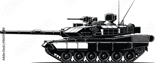 Detailed black and white modern battle tank illustration isolated on white background showcasing military technology, armored warfare vehicle design
