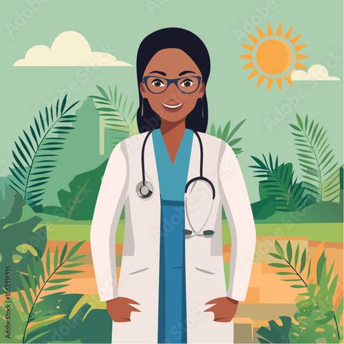 Smiling Female Doctor in White Coat and Stethoscope Standing Confidently Amidst Vibrant Tropical Foliage Under a Bright Sunny Sky Illustration