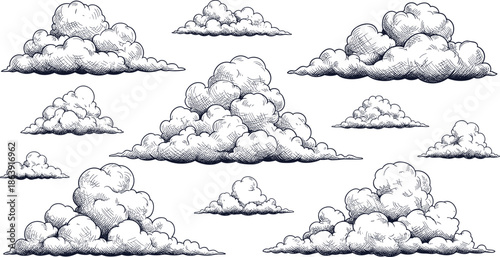 Hand drawn cloud collection illustration, vintage sketch style fluffy clouds set isolated on white background for weather design projects and graphics