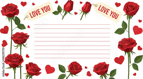 Romantic love letter frame with red roses, hearts, and love you tags, floral Valentine illustration for greeting cards and messages