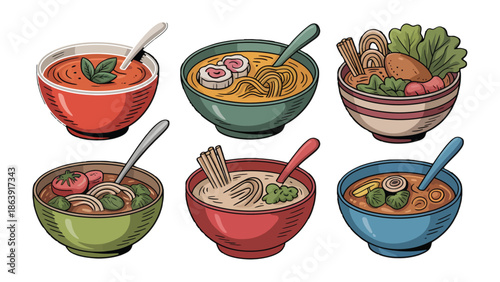 Culinary Symphony of Bowls: An enticing selection of diverse soup bowls brimming with culinary creations, showcasing a symphony of flavors and ingredients ready to tantalize the taste buds.